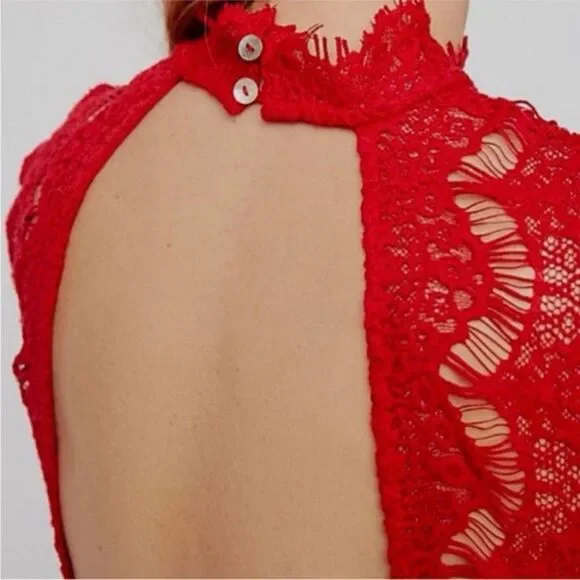 Free People Daydream Red Lace Dress NEW Large Open Back - Picture 6 of 10